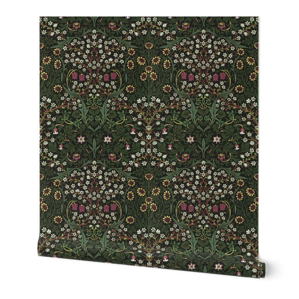 Wallpaper in BLACKTHORN IN VINTAGE SPRING GREEN (Historic Arts & Crafts)- WILLIAM MORRIS | Spoonflower