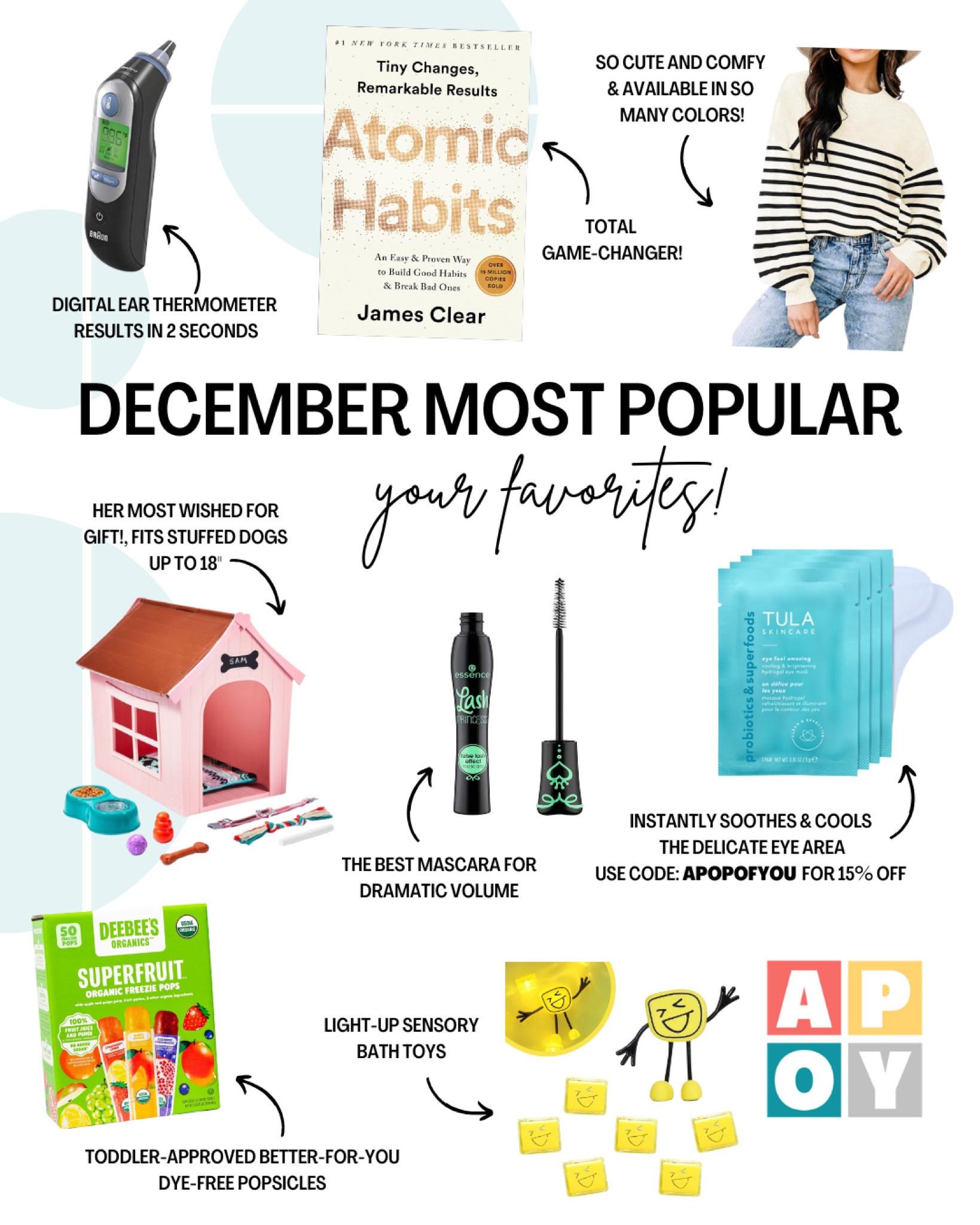 A roundup of APOY’s December favorites including Braun’s digital ear thermometer, Atomic Habits by James Clear, my favorite oversized Amazon sweater (I have FOUR colors now 😆), False Lash Effect mascara, Tula’s cooling eye mask gels, GloPals light-up sensory bath toys, DeeBee’s Organics freezie pops, and the girls’ new toy doghouse from Target

#LTKkids #LTKfamily #LTKfindsunder50