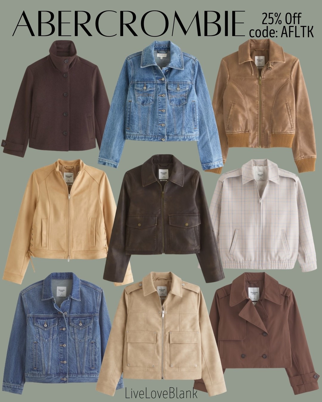 Abercrombie sale use code AFLTK
Save 25% off 
Jean jackets, cropped jackets, bomber jacket, vegan suede jacket
@abercrombie  

#LTKSeasonal #LTKSpringSale #LTKSaleAlert