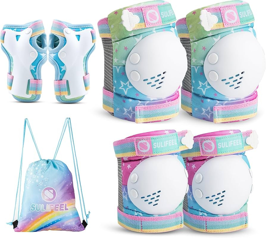 SULIFEEL Rainbow Unicorn Knee Pads for Kids Knee Elbow Pads Wrist Guards with Drawstring Bag Adju... | Amazon (US)