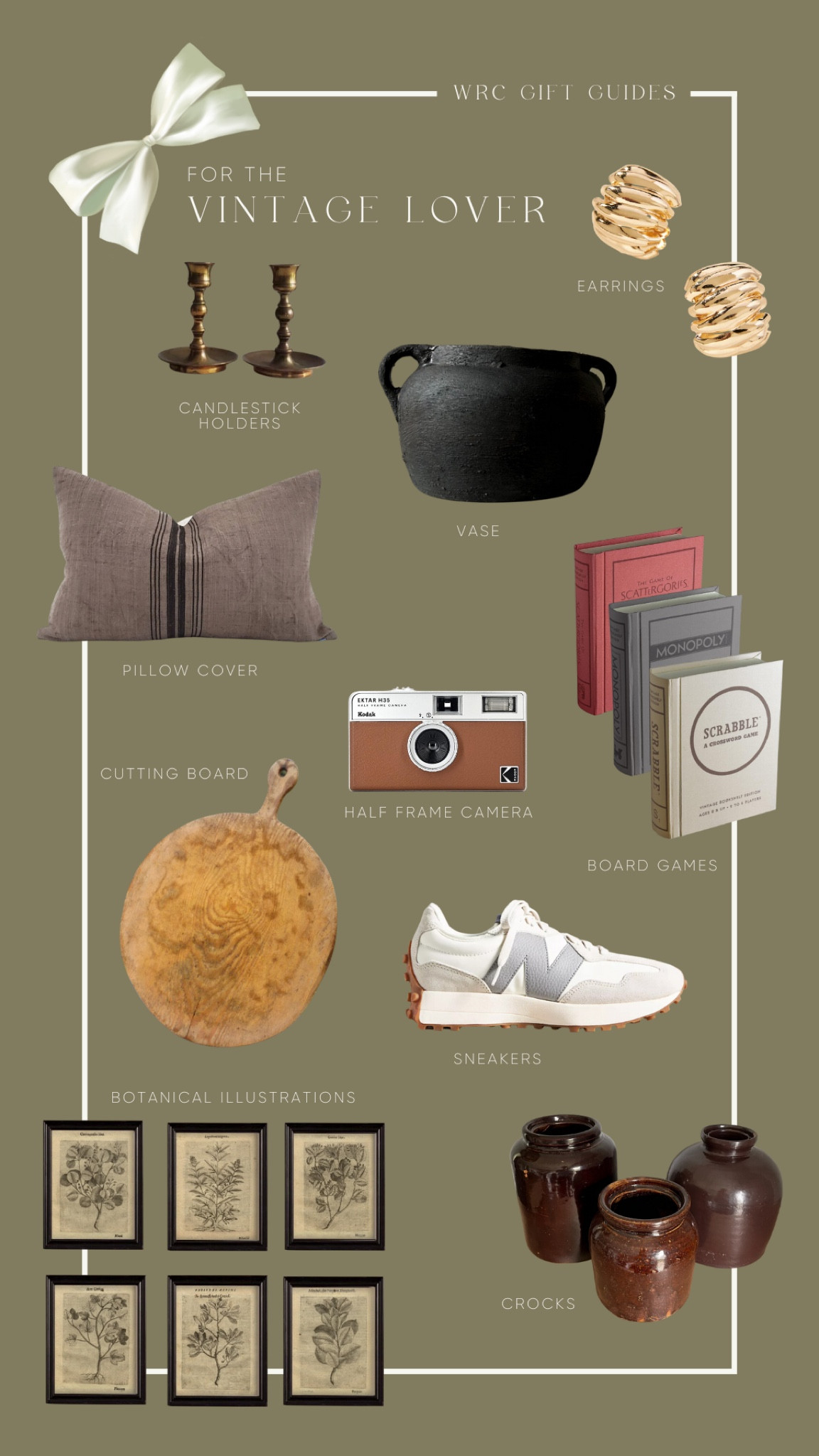 Gift guide for all the vintage lovers on your list. Brass candlestick holders, wooden board, vintage prints, vintage pillow cover, earrings, half frame camera, New Balance sneakers, crocks, bookcase board games, vase

#LTKSeasonal #LTKHolidaySale #LTKGiftGuide