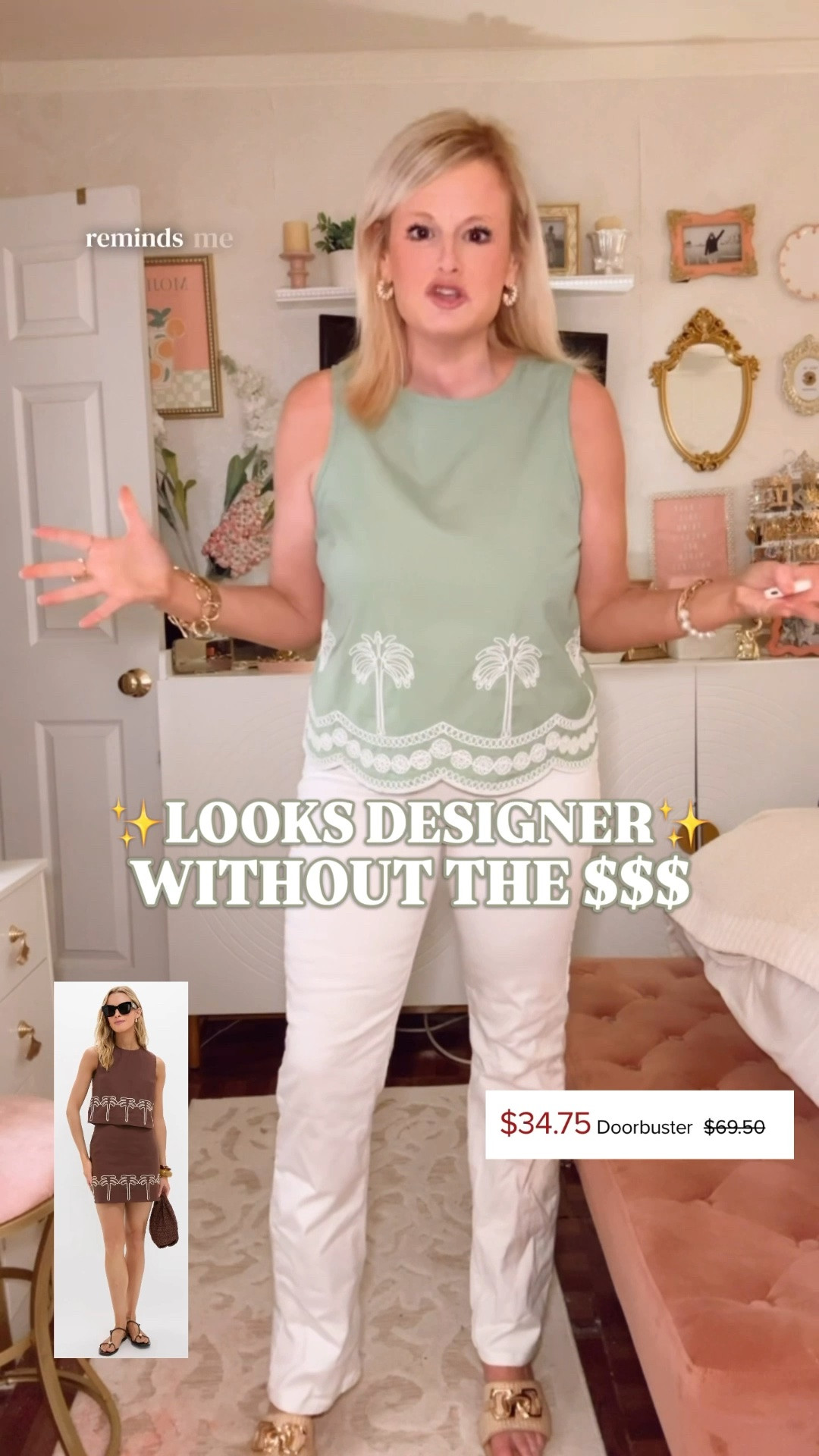 Tuckernuck palm top look for less | palm embroidered top | cotton summer top | white jeans outfit | designer look for less

This palm embroidered top gives that Tuckernuck look without the $$$, and the quality is exceptional for the $35 sale price.

I had a similar Tuckernuck palm top in my cart during their last sample sale and put it back, so this one immediately caught my eye. The green cotton, white palm tree embroidery, scalloped embroidered hem, sleeveless shape, crew neckline, and keyhole button back make it look so much more expensive than it is.

The embroidery is very well done, and the fabric is 100% cotton, which makes it breathable, lightweight, and easy for warm weather. I sized up to a large for extra length. I am usually a medium in this brand.

There is also a matching midi skirt sold separately if you want to make it a full set, and the set also comes in beige.

This is such a beautiful top for white jeans outfits, teacher outfits, work outfits, brunch, church, vacation dinners, resort lunches, beach trips, coastal weekends, summer parties, and everyday outfits when you want one pretty top to make everything feel polished.

If you love Tuckernuck tops, palm embroidery, cotton summer tops, resort wear, Palm Beach style, preppy summer outfits, embroidered sets, white denim outfits, and designer looks for less, this is one of the best Belk sale finds right now.

Tuckernuck palm top look for less, Tuckernuck inspired top, Tuckernuck look for less, palm embroidered top, palm tree embroidered top, green embroidered top, cotton summer top, 100 cotton top, sleeveless top, scallop hem top, embroidered top, Crown and Ivy top, Belk top, Belk fashion find, Belk sale find, matching skirt set, white jeans outfit, teacher outfit, work outfit, resort outfit, vacation outfit, Palm Beach style, preppy summer outfit, designer look for less

#LTKFindsUnder50 #LTKFindsUnder100 #PreppyStyle #VacationOutfit #LookForLess #ResortStyle #SummerOutfits #LillyPulitzer #Tuckernuck

#LTKSaleAlert #LTKTravel #LTKSeasonal