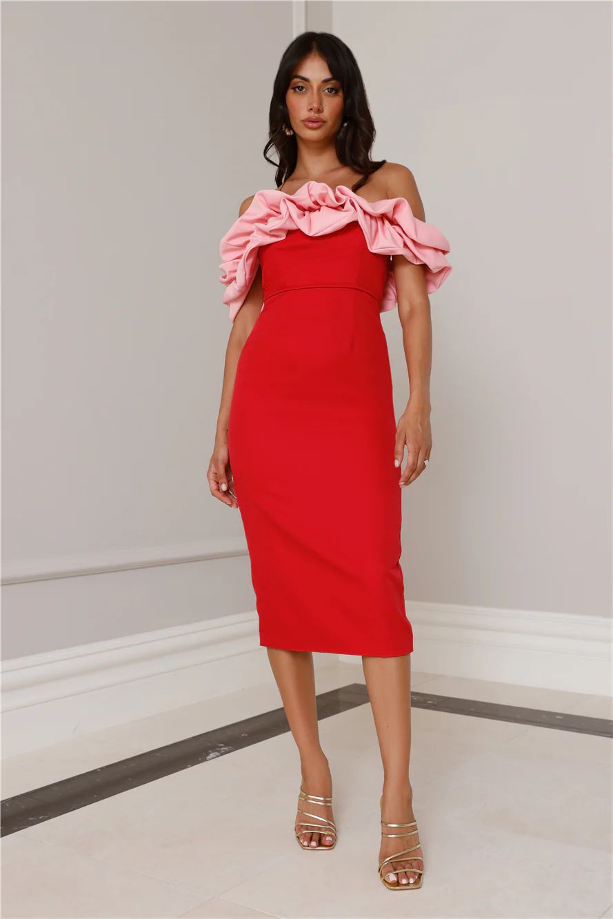 Kinsey Off Shoulder Frill Midi Dress Red | Hello Molly