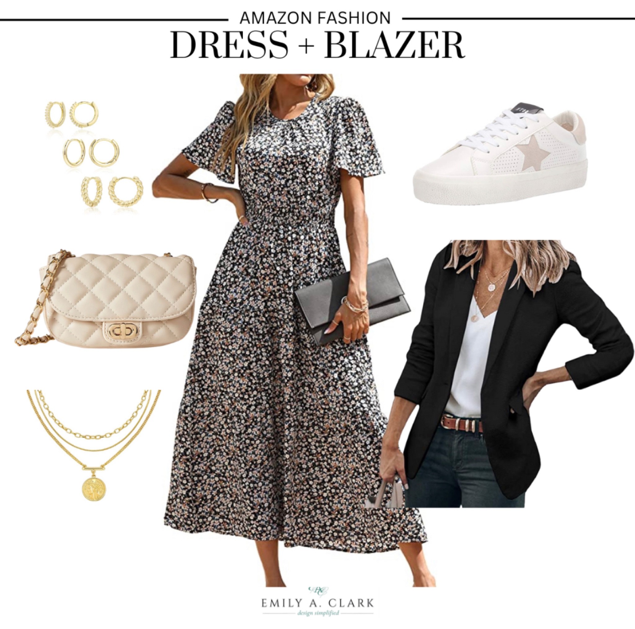 Fall outfit from Amazon fashion. Floral dress, black blazer, Crossbody quilted bag, Steve Madden sneakers.￼

#LTKworkwear #LTKunder100 #LTKstyletip