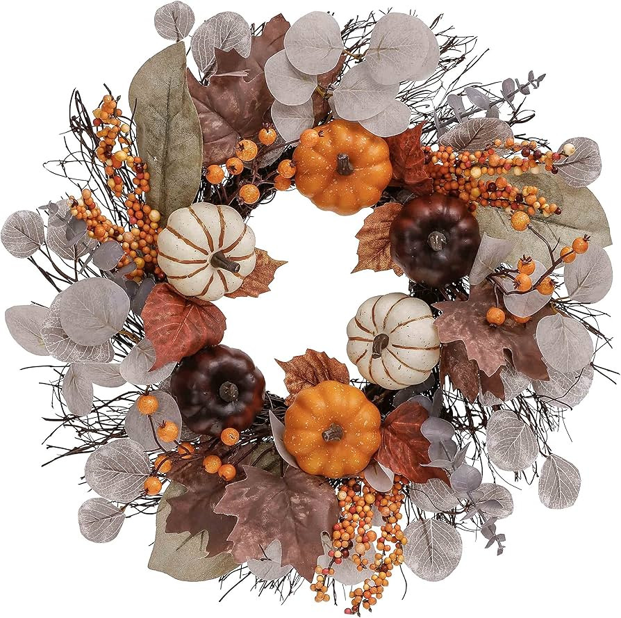 Valery Madelyn 18inch/45cm Autumn Pumpkin Wreath for Front Door, Artificial Harvest Thanksgiving ... | Amazon (UK)