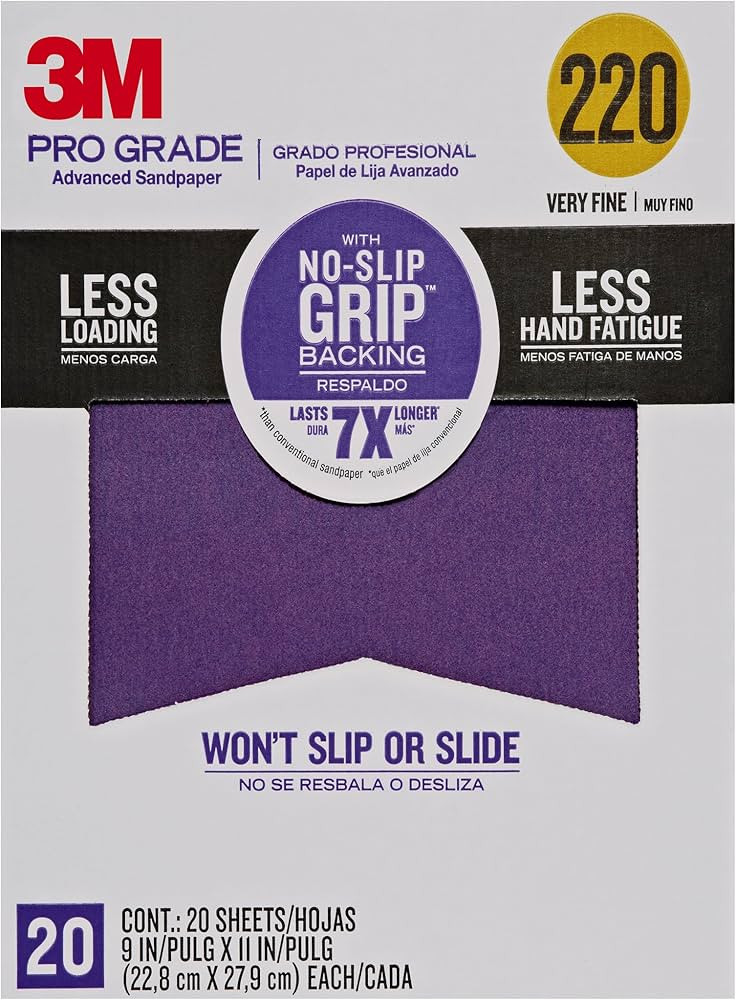3M Pro Grade No-Slip Grip Advanced Sandpaper, 9 X 11-Inches, 220 Grit, 20/Pack | Amazon (US)