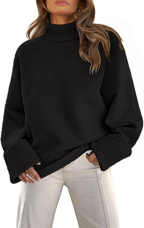MEROKEETY Women's Turtleneck Fuzzy Knit Pullover Sweaters Long Sleeve Oversized Casual Jumper Top... | Amazon (US)