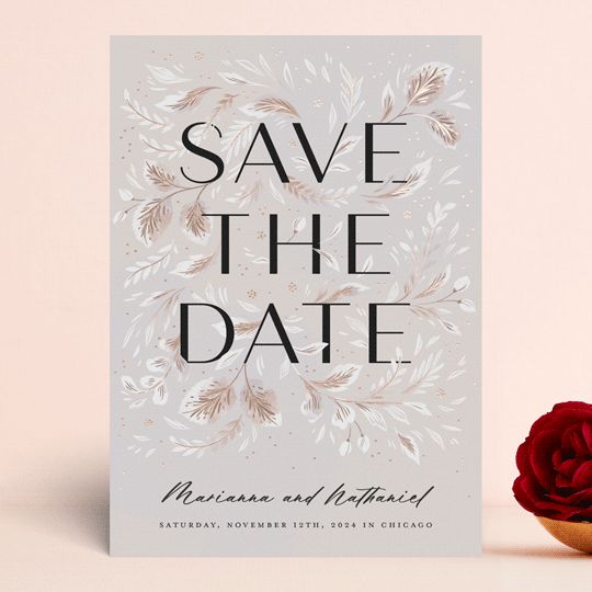"Love in Bloom" - Customizable Foil-pressed Save The Date Cards in Beige by Paper Raven Co.. | Minted