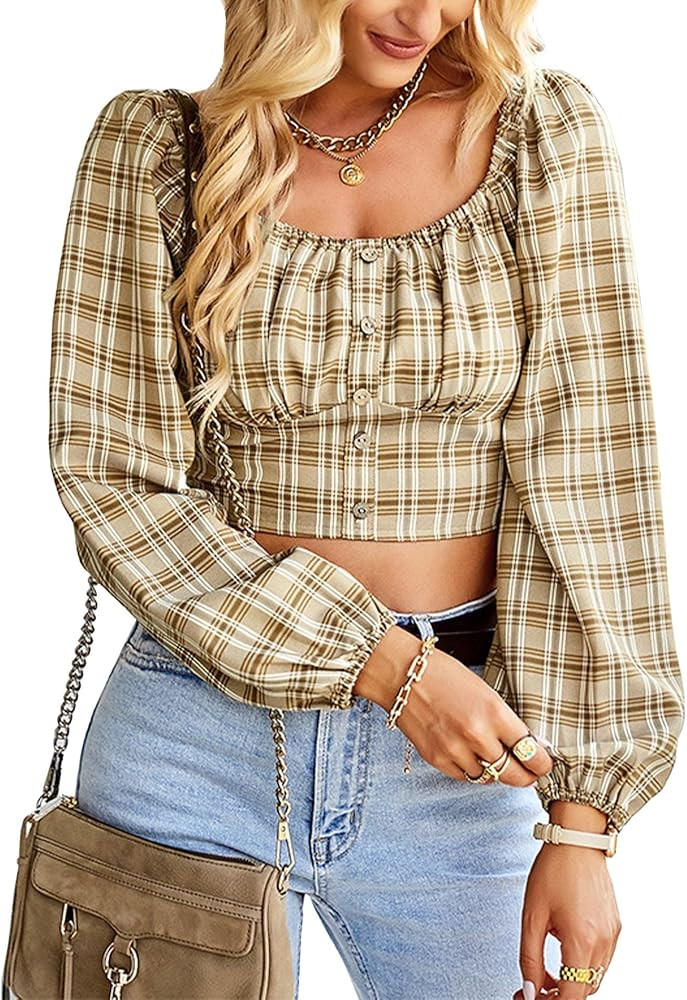 Women's Casual Scoop Neck Long Sleeve Crop Tops Smocked Off Shoulder Plaid Button Down Blouse Shi... | Amazon (US)