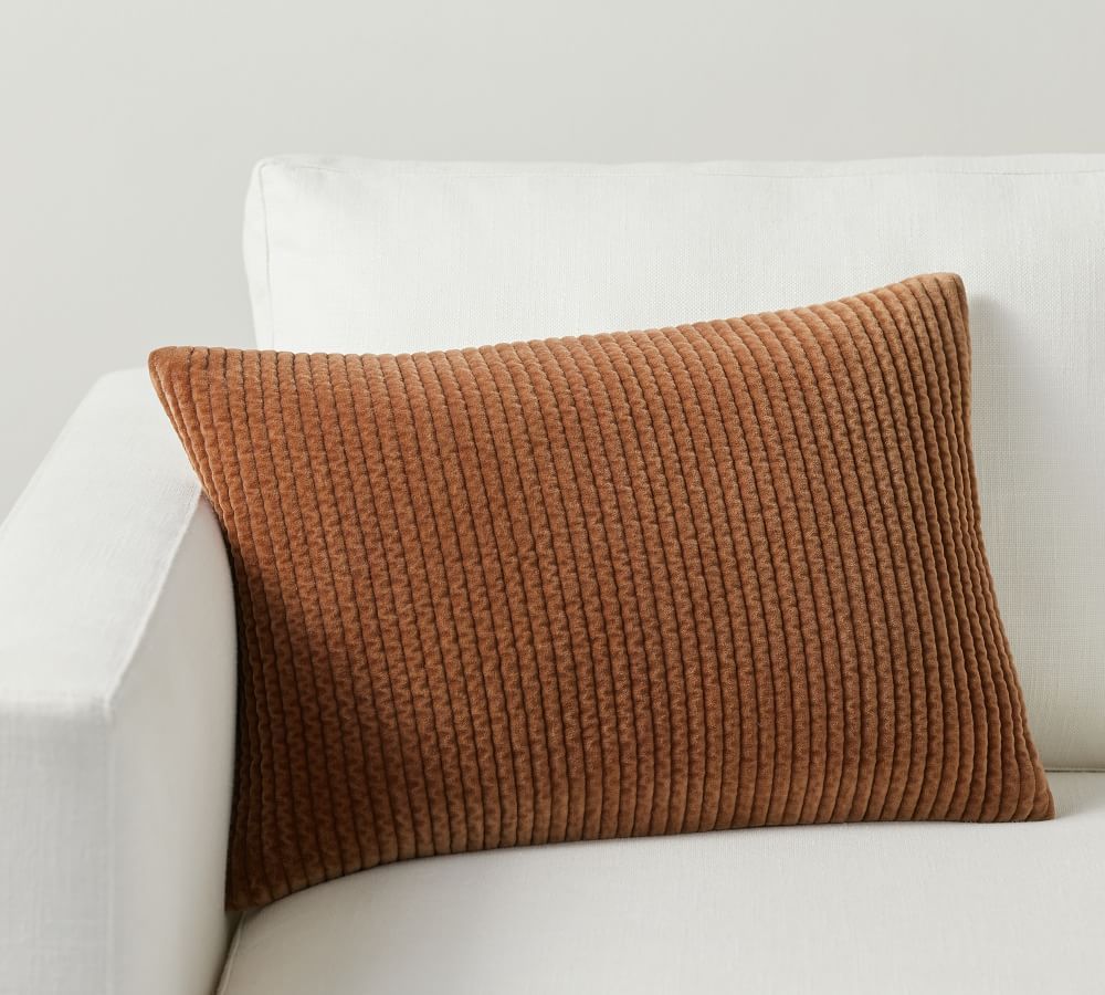 Quilted Velvet Lumbar Pillow Cover, 14" x 20", Cognac | Pottery Barn (US)
