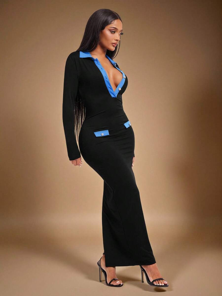 Radiana Women's Black & Blue Color Block Long Sleeve Fitted Long Shirt Dress, Suitable For Daily ... | SHEIN