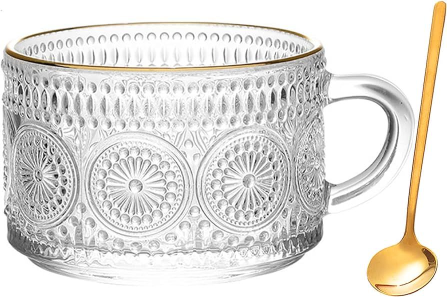 SZHTSWU Vintage Glass Coffee Mug, 14 Ounces Clear Embossed Glass Cup with Gold Rim, Breakfast Cup... | Amazon (US)