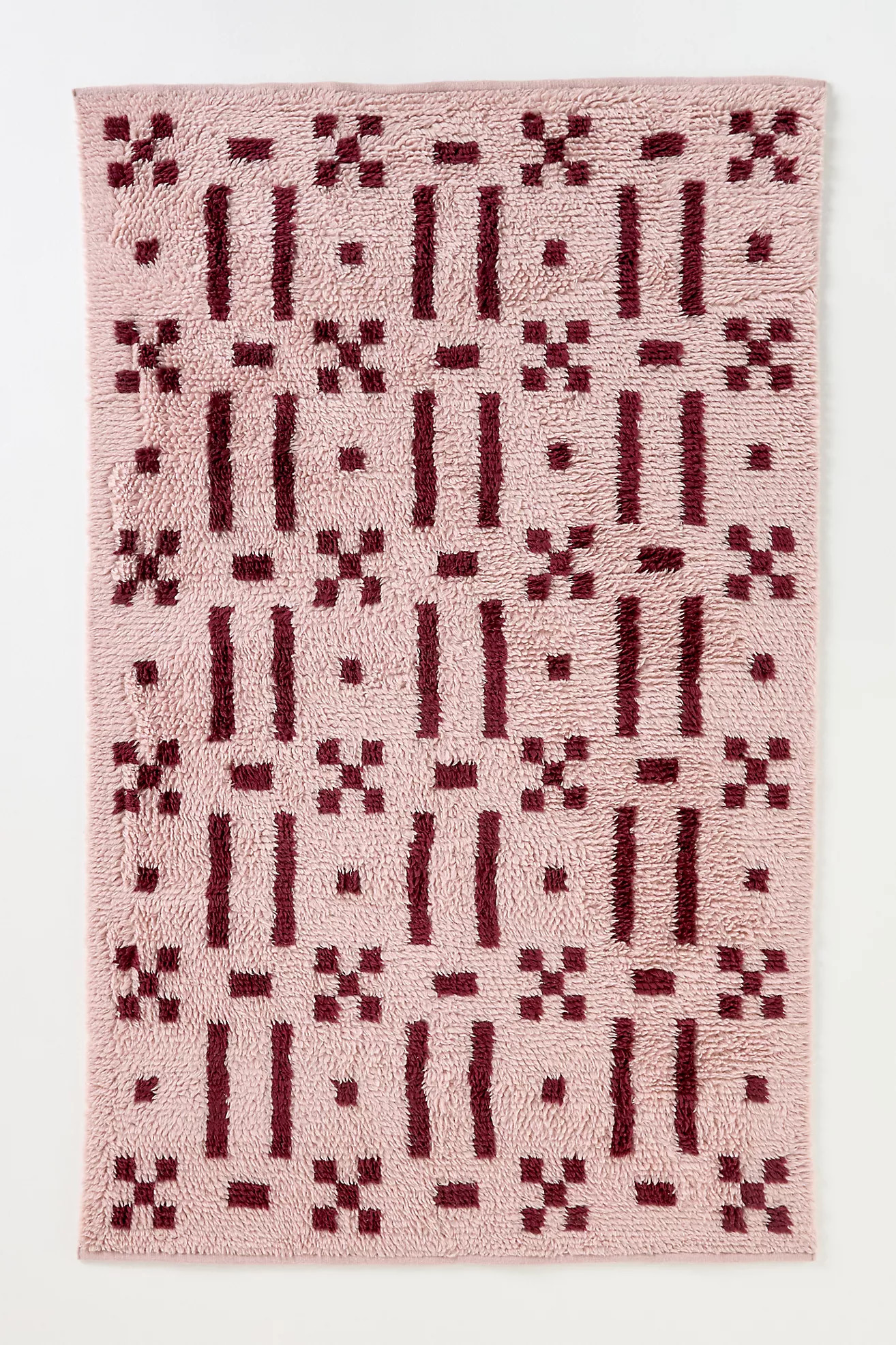 Pink Grid Handwoven Cotton Wool Blend Shag Geometric Rug | Anthropologie (US)