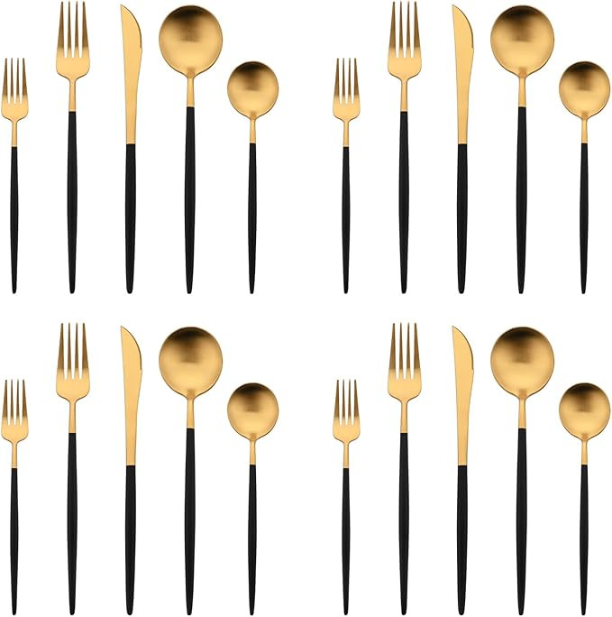 Matte Gold Silverware Set with Black Round Handle, Uniturcky 20-Piece Stainless Steel Flatware Se... | Amazon (US)
