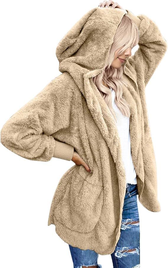 Vetinee Women Casual Fuzzy Fleece Hooded Cardigan Pocket Faux Fur Outerwear Coat | Amazon (US)