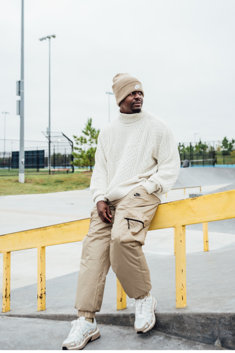 Tan Nike beanie, Nike knit turtleneck, gold and white shoes  

#LTKshoecrush #LTKSeasonal #LTKmens