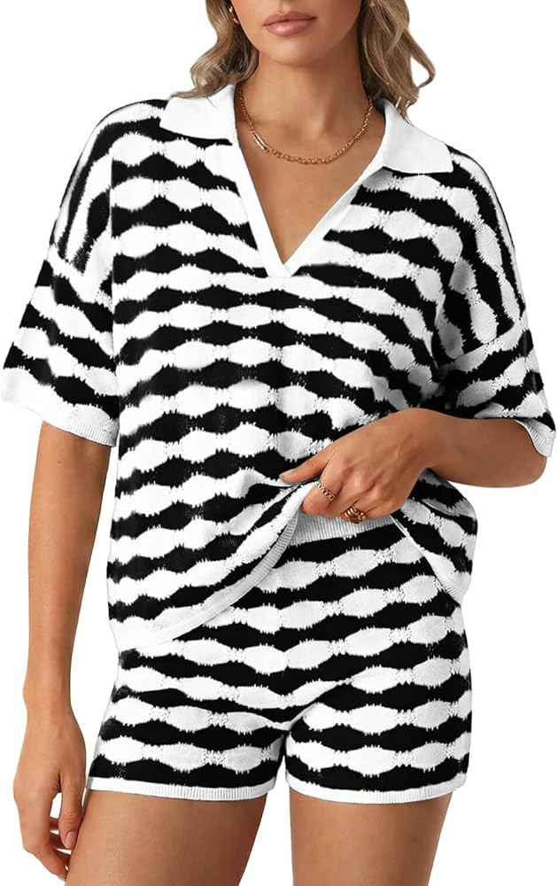Yousify Womens Summer 2 Piece Sweater Sets Striped Knit Short Sleeve Collared V Neck Tops and Sho... | Amazon (US)