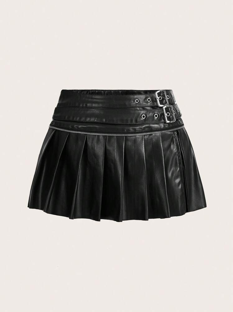  Low Waist Double Belted Pleated Slit Skirt | SHEIN