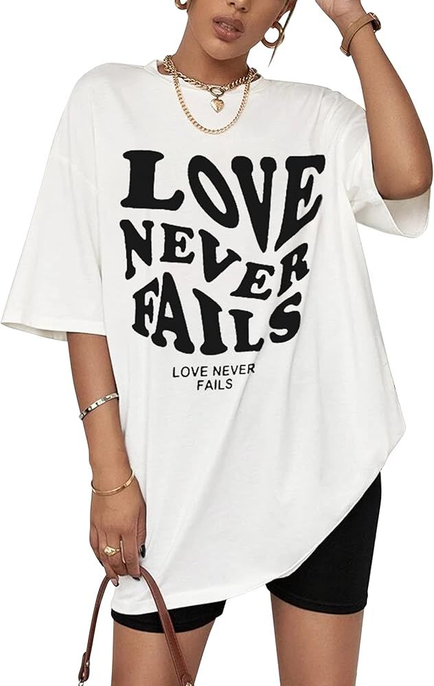 SAFRISIOR Women’s Love Never Fails Letter Graphic Print Tee Top Oversized Drop Shoulder Short Sleeve | Amazon (US)
