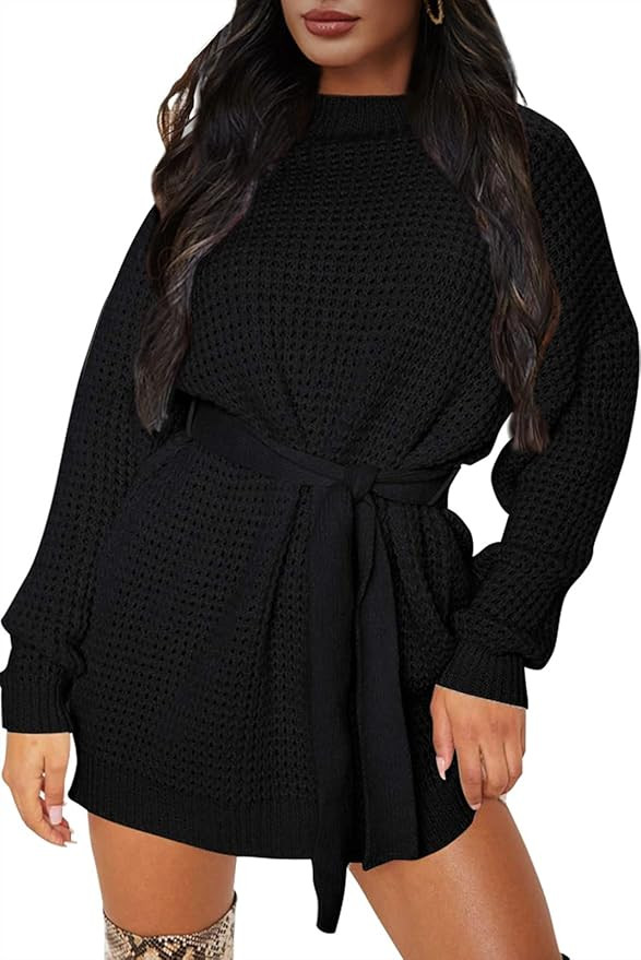 ZESICA Women's Long Sleeve Solid Color Waffle Knitted Tie Wasit Tunic Pullover Sweater Dress | Amazon (US)
