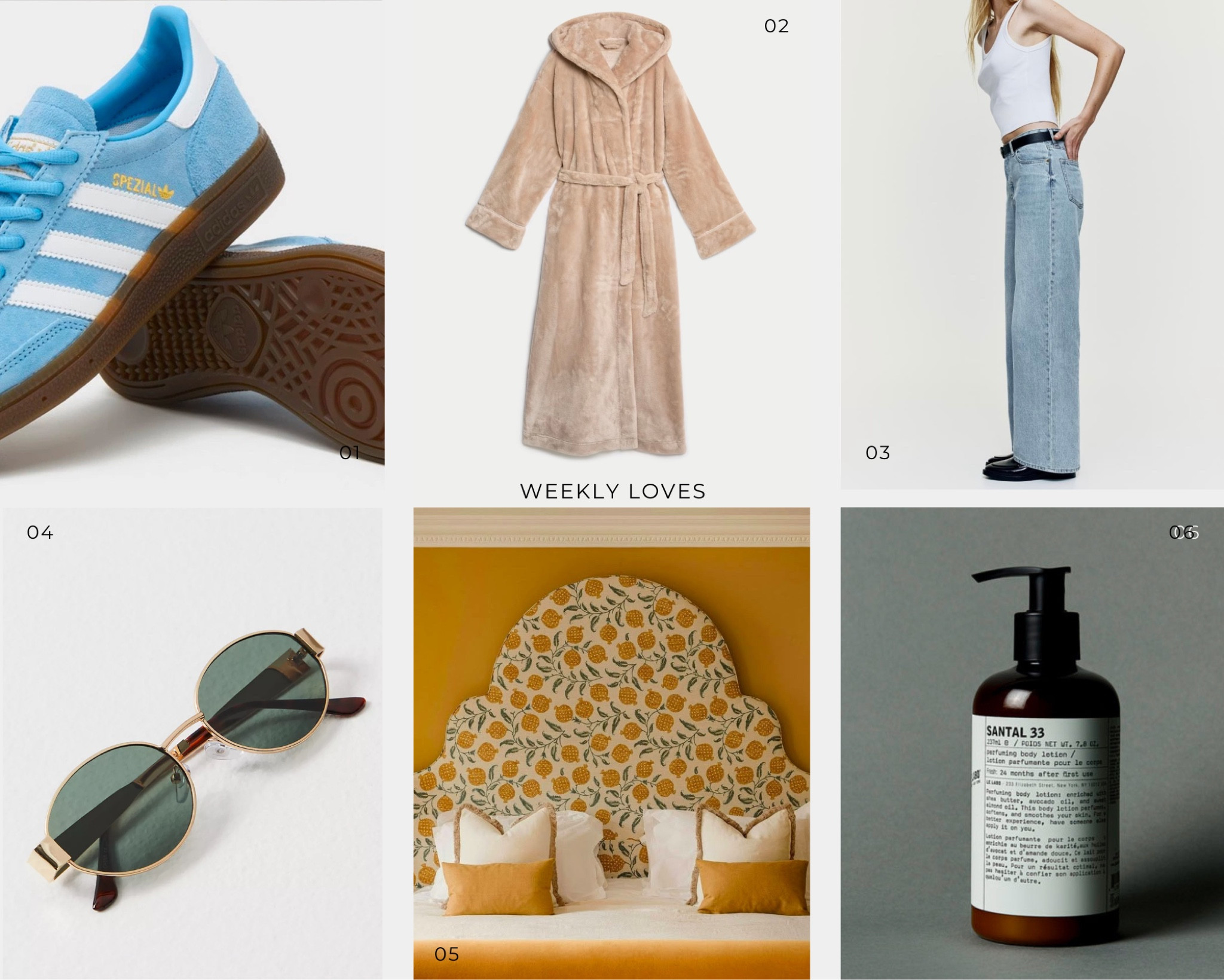 Weekly loves - 20.1.25 • 
•
1. Adidas handball spezials in blue - they feel really fresh for spring and go lovely with blue denim. 
•
2. A cosy dressing gown, because it’s just so cold?!
•
3. I will forever love denim and these wide leg jeans are in such a lovely wash. Again, perfect for building your spring wardrobe. 
•
4. Ok ok ok I think these are fab Celine dupes! Also it may be cold but the sun is still shining so these sunnies are great for a sunny (but cold) walk. 
•
5. Saltmoore - a beautiful new place to stay in Whitby, North Yorkshire. I am currently lusting over the interiors, the spa and the food. The cold weather makes me crave comfort and this place looks like a big warm hug. https://saltmoore.co.uk 
•
6. Le Labo body lotion - I wear this and people ask what perfume I am wearing. It is great if you don’t want to splash out on the perfume but still want to reap the benefits of the smell  

#LTKgiftguide #LTKuk #LTKtravel