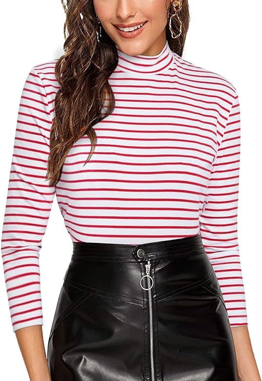 Women's 3/4 Sleeve Mock Neck Turtleneck Striped T-Shirt Slim Fit Tee Shirt Tops | Amazon (US)