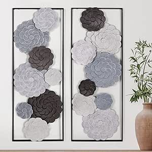 Oakrain 2 PCS Metal Wall Art - 35.4" X 13.4" Large Metal Flower Wall Decor with Frame, Modern Hom... | Amazon (US)