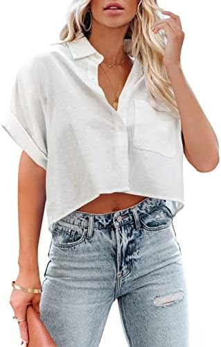 LAYOGAS Womens Crop Button Down Shirts Casual Long Sleeve Lapel Blouse | Chest Pocket,Soild Color... | Amazon (US)