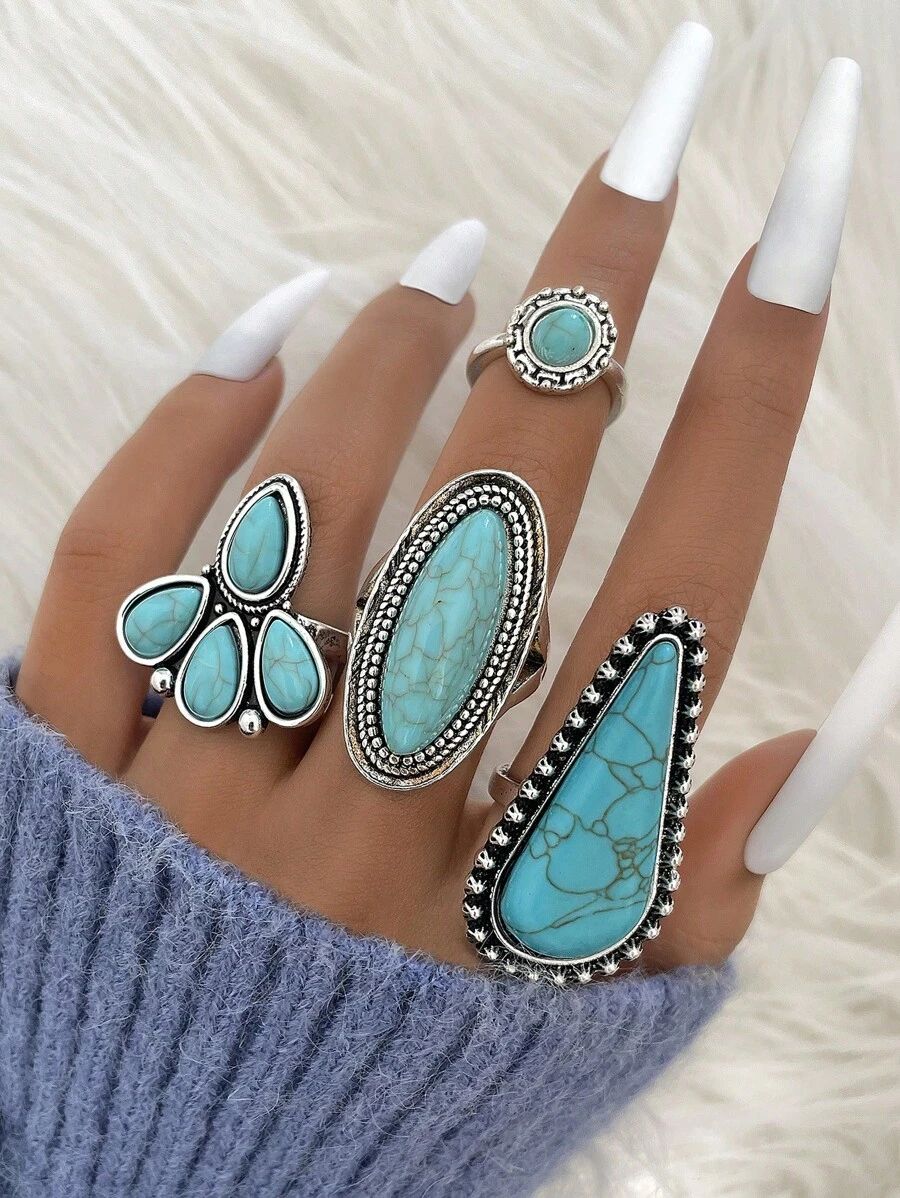 4pcs/Set Simple & Stylish Blue Turquoise Waterdrop Shaped Ring Set For Women, Ideal Gift For Dati... | SHEIN