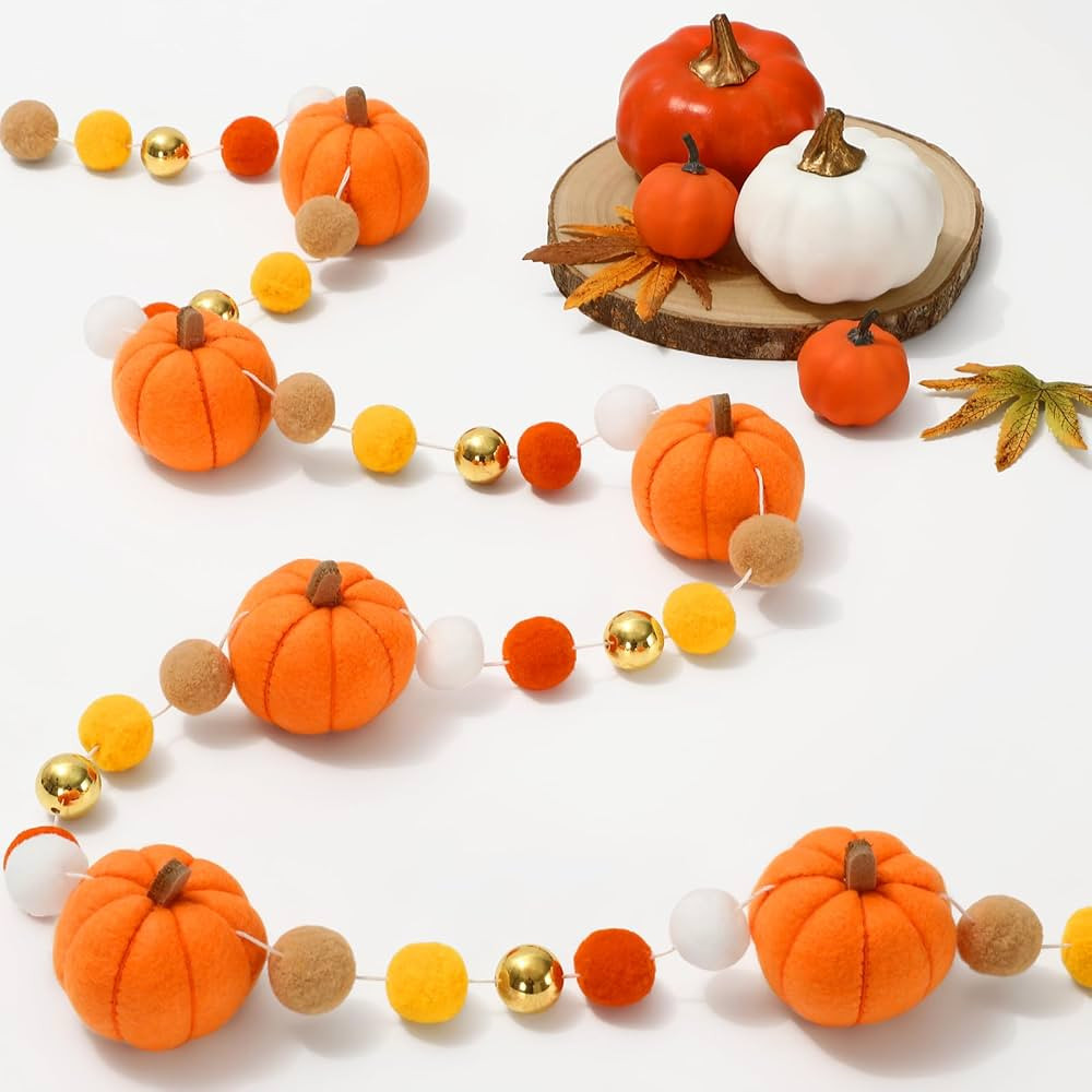 8.2Ft Fall Felt Garland 3D Pumpkin with Gold Bead Hanging Banner Orange Yellow White Pom Ball Ban... | Amazon (US)
