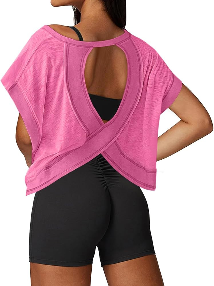 UNIANKIYA Open Back Workout Tops for Women Loose Fit Athletic Crop Tee Short Sleeve Gym Running Y... | Amazon (US)