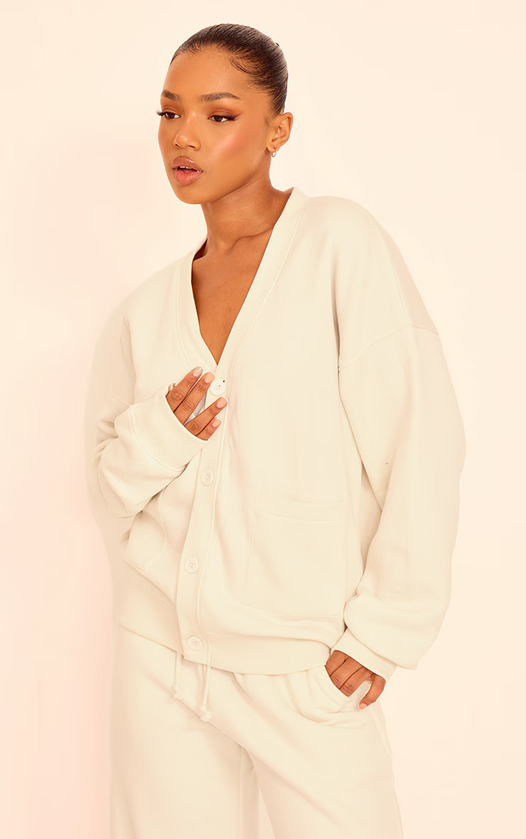 Cream Button Front Pocket Sweat Cardigan | PrettyLittleThing IE
