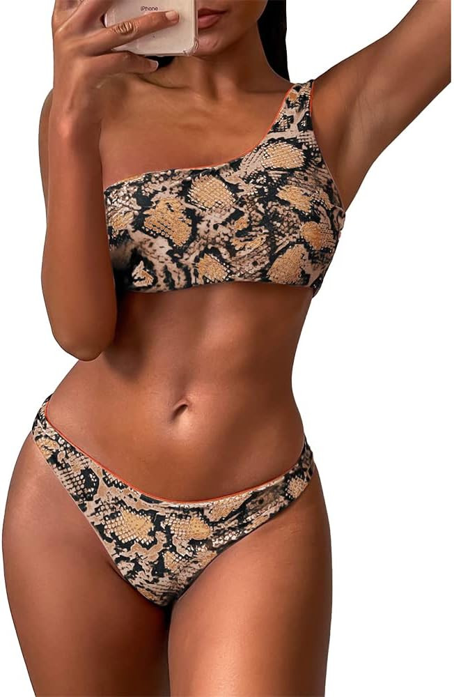 ZAFUL Bikini Snakeskin One Shoulder Reversible Bathing Suit Padded Lace Up 2 Piece Swimsuits for Wom | Amazon (US)