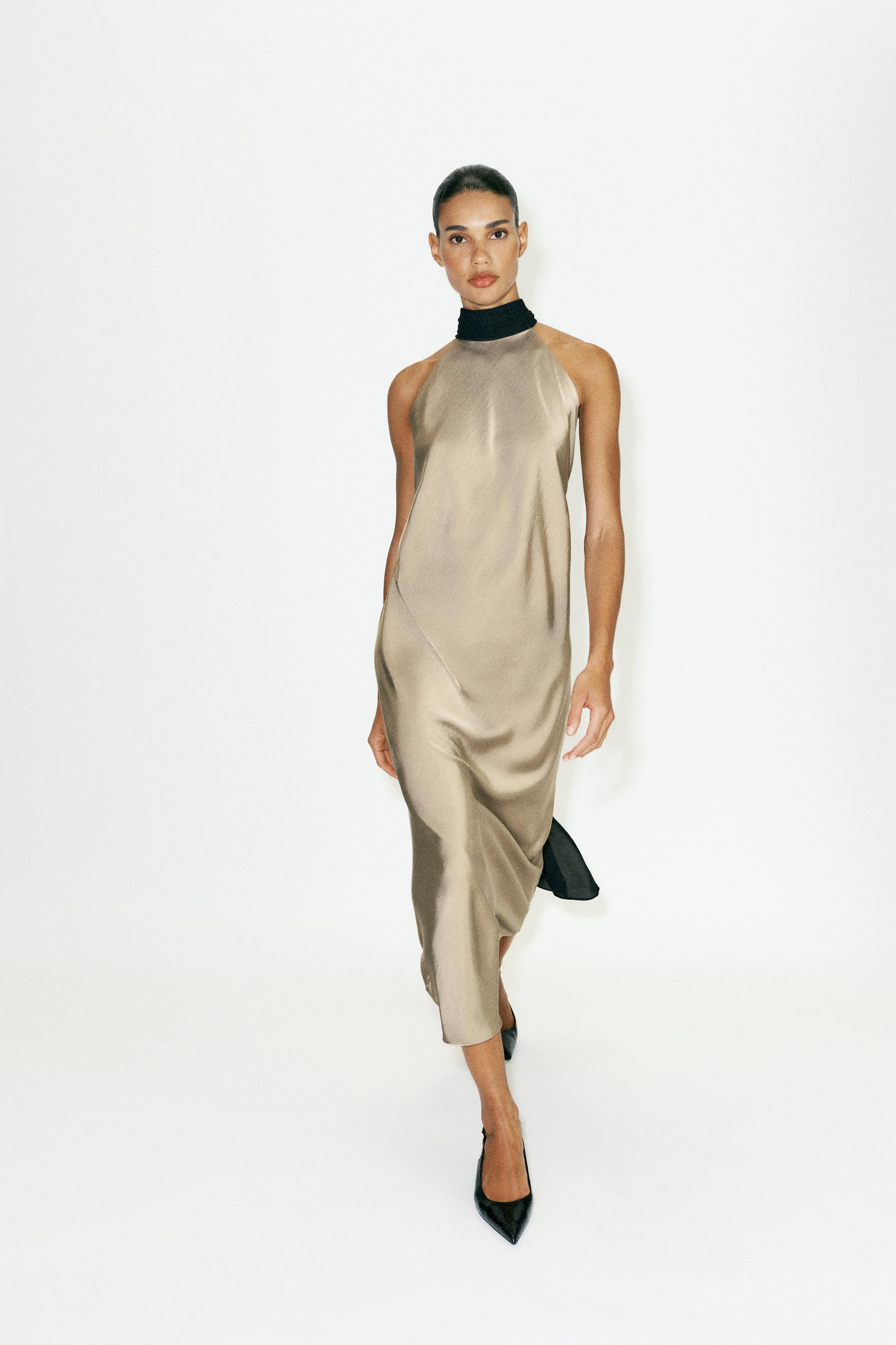 Zara - Contrasting Halter Dress With Tie - Light Khaki - Xl - Woman | Zara US