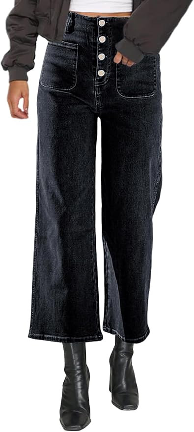 Omoone High Waisted Jeans for Women Straight Wide Leg Stretchy Jeans Loose Denim Pants with Pocke... | Amazon (US)