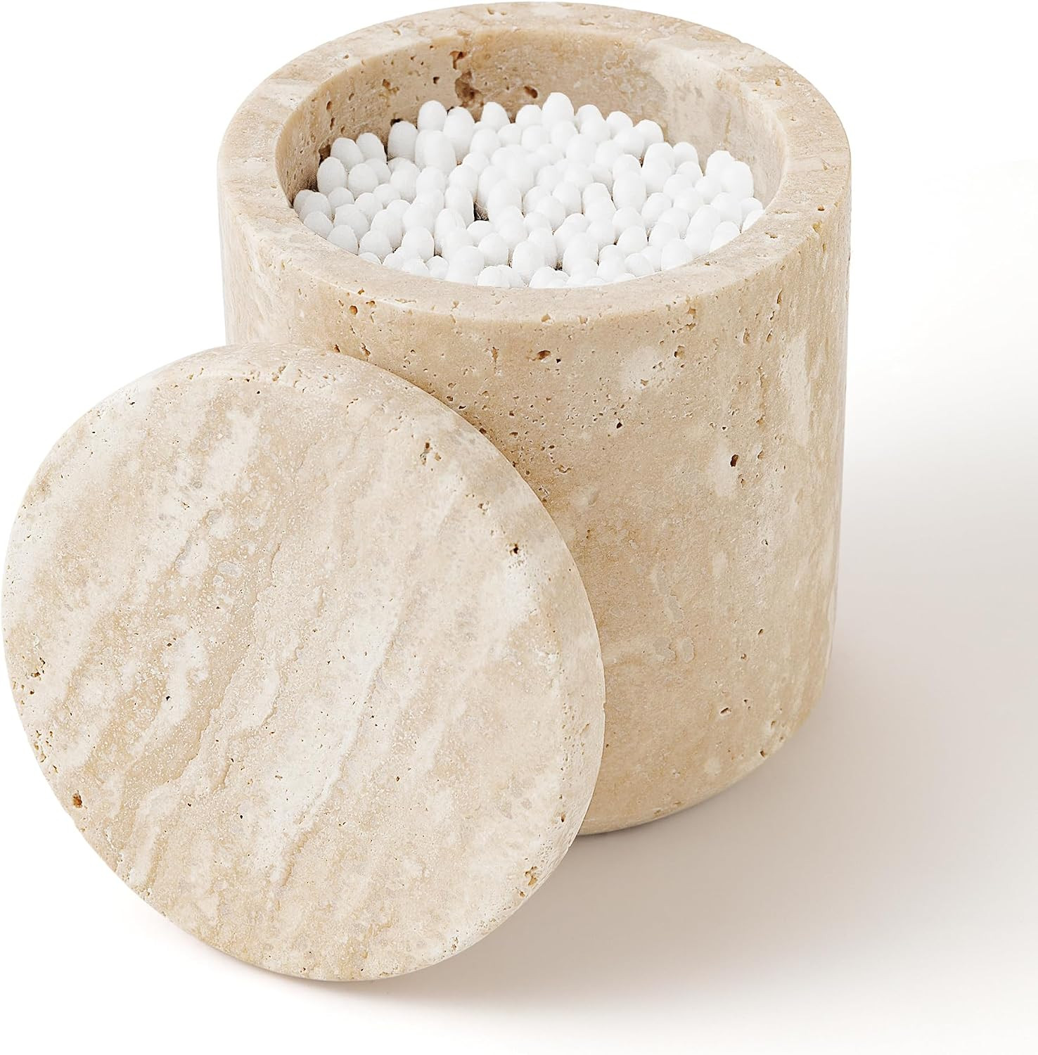 Travertine Qtip Holder Dispenser with Lid for Cotton Swabs,Balls,Pads,Floss Picks Large Capacity Marble Apothecary Jar for Bathroom Essentials Decor, Vanity Makeup Storage Organizer Beige(WH050) | Amazon (US)