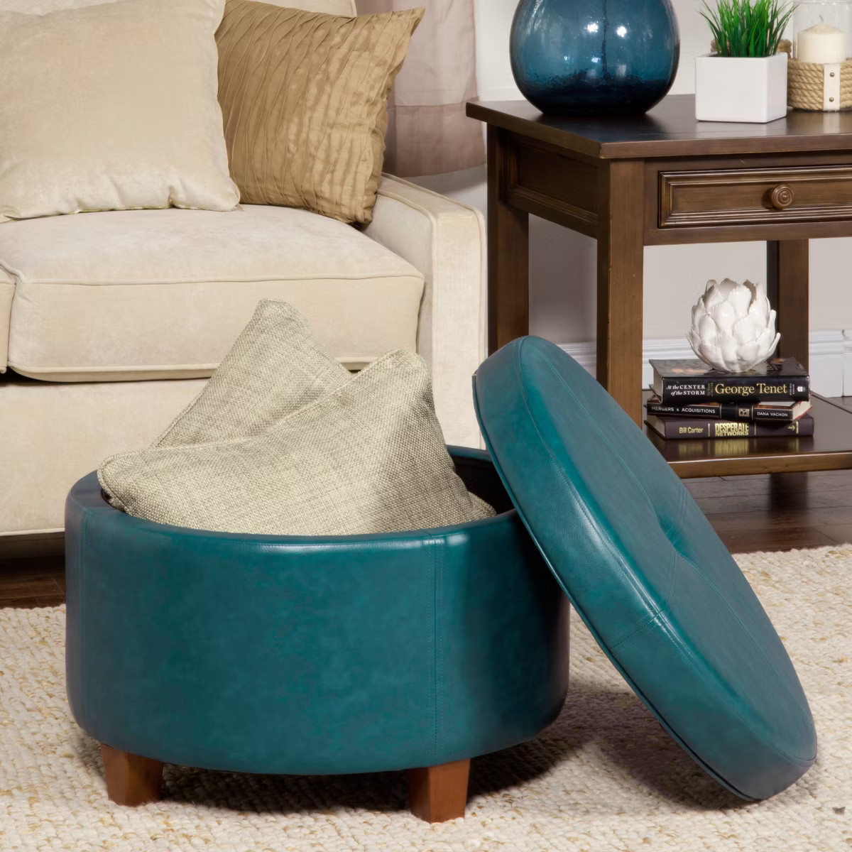 Large Round Storage Ottoman Teal - HomePop: Faux Leather, Lift-Off Lid, Wood Legs | Target