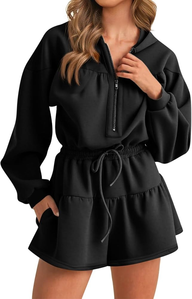Cicy Bell Womens Rompers Casual One Piece Outfits Half Zip Long Sleeve Hoodies Casual Shorts Draw... | Amazon (US)
