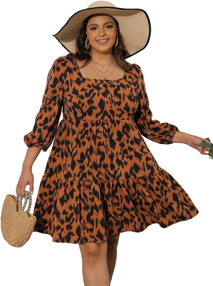 Floerns Women's Plus Size Printed Casual Square Neck Puff Sleeve A Line Dress | Amazon (US)
