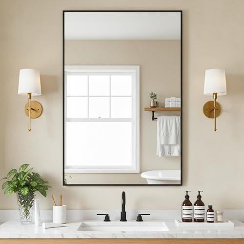 Black Bathroom Mirror Vanity, 36" x 24", Shatterproof & Anti-Rust, Wall Mount Rectangle Mirrors with Metal Frame for Over Sink, Bathroom, Bedroom, Living Room,Entryway | Amazon (US)