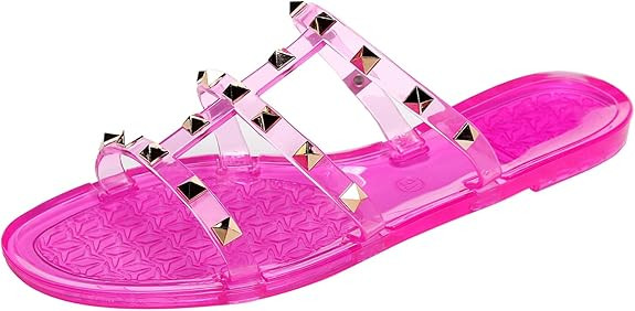 Women Flats Sandals, Studded Jelly Shoes Size 9 Red Dressy Summer Beach Rivets Strappy Jellies Sl... | Amazon (US)