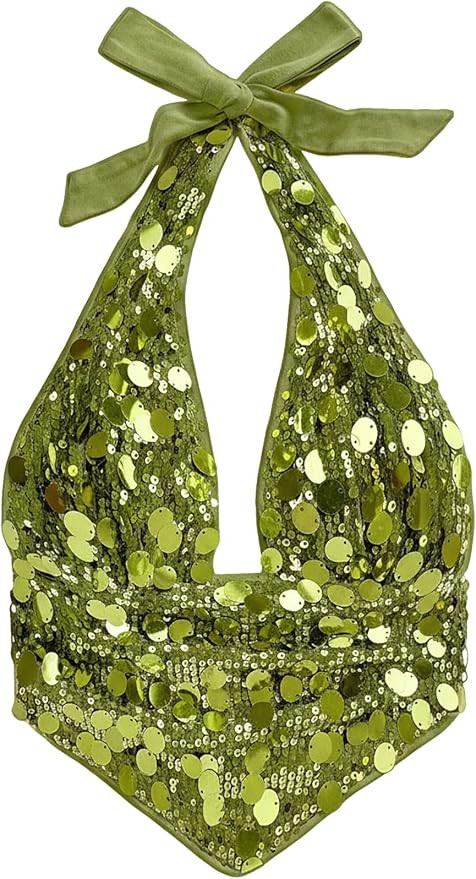 Floerns Women's Sparkly Sequin Halter Top Y2k Tie Backless Asymmetrical Hem Going Out Tank Tops | Amazon (US)