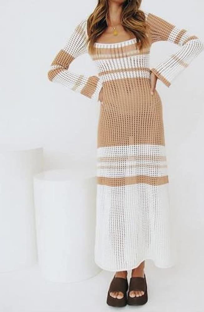 NUFIWI Print Knit Bodycon Dress for Women Y2K Green Hollow Out Midi Dresses Sleeveless 2021 Summer B | Amazon (US)
