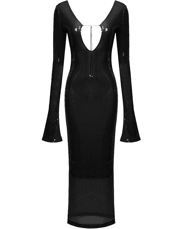meilun Deep V Dress with Drawstring Long Sleeve Sequin Dress for Women Long Gown | Amazon (US)