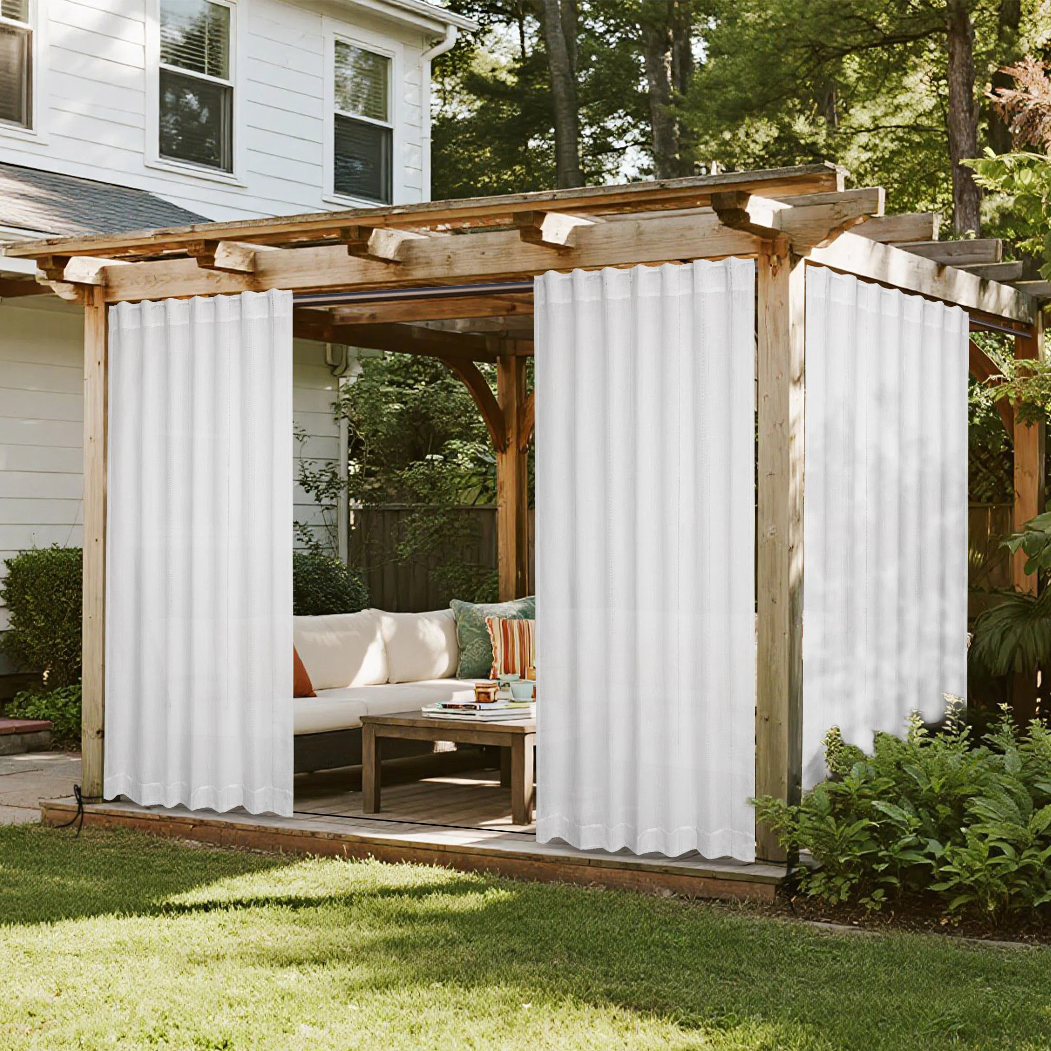 Solid Color Stripe Light Filtering Back Tab Outdoor Curtains (Set of 2) | Wayfair North America