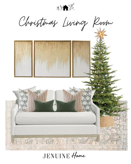 Christmas living room. Gold abstract wall art. Faux Christmas tree pre-lit. Winter throw pillow. White couch. White loveseat. Neutral rug. Natural woven tree collar. Christmas tree star  

#LTKHoliday #LTKSeasonal #LTKhome