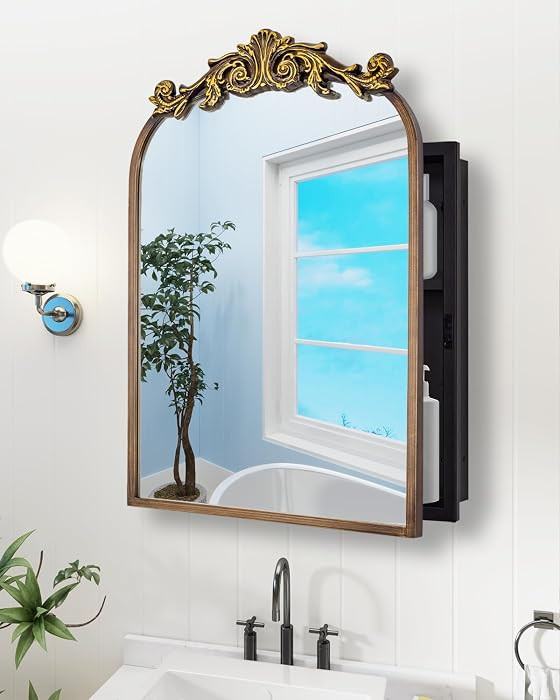 20"x30" Vintage Arched Bathroom Medicine Cabinet with Mirror, Hand-Painted Flower on Aluminum Fra... | Amazon (US)