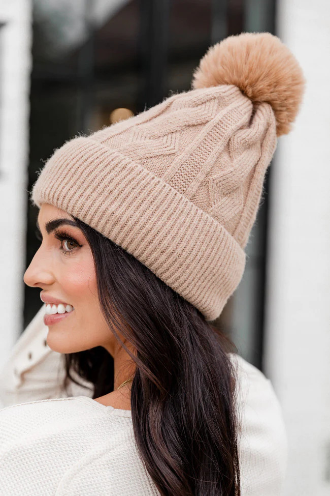 Tan Cable Knit Sherpa Lined Beanie | Pink Lily