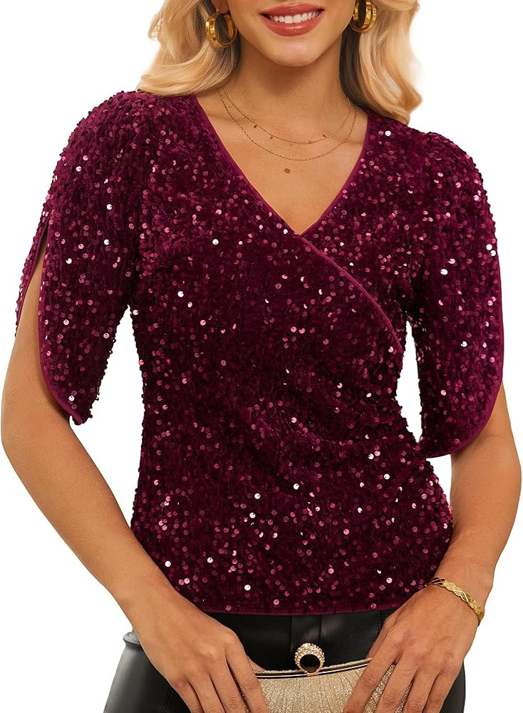 GRACE KARIN Womens 3/4 Length Sleeve Sequin Tops V Neck Velvet Ruched Blouses 2025 Glitter Trendy... | Amazon (US)