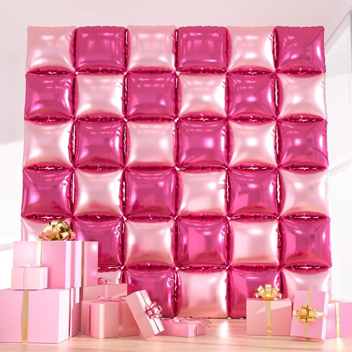 36pcs Hot Pink Square Foil Balloons Wall Backdrop, Double Sided Magenta Mylar Balloons Tunnel for... | Amazon (US)